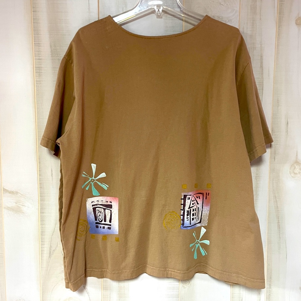 Vintage NWT Fenini Brown Cotton Hand Painted Short Sleeve Button Down Shirt Sz L - Picture 2 of 5